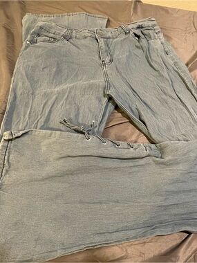 Light Blue Lace-Up Hem Wide Leg Jeans juniors